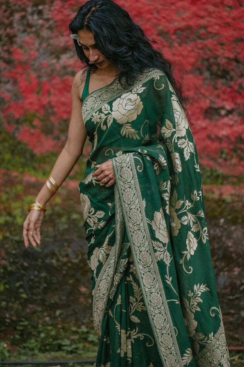 Enticing Green Soft Silk Saree With Embrocation Blouse Piece