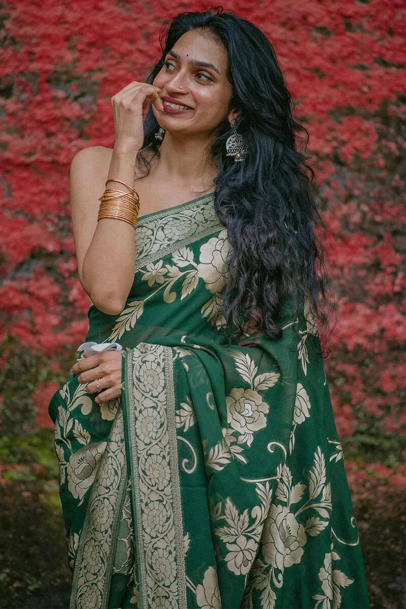 Enticing Green Soft Silk Saree With Embrocation Blouse Piece