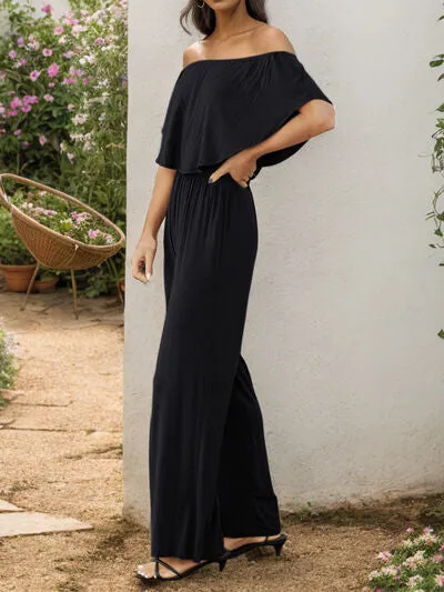 Explore More Collection - Off-Shoulder Wide Leg Jumpsuit