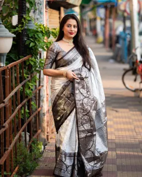 Eye-catching Off White Soft Silk Saree With Beautiful Blouse Piece