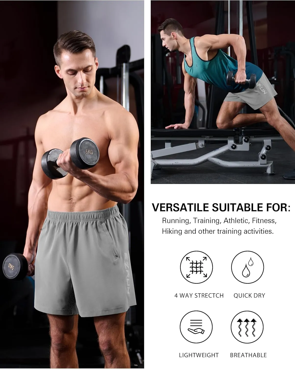 EZRUN Men's Athletic Running Shorts 7 inch Quick Dry Exercise Tennis Shorts Lightweight Workout Gym Shorts
