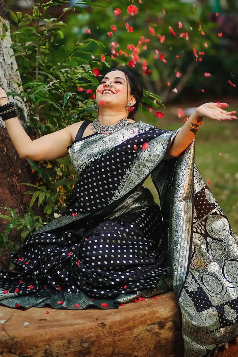 Flattering Black Soft Silk Saree With Exceptional Blouse Piece