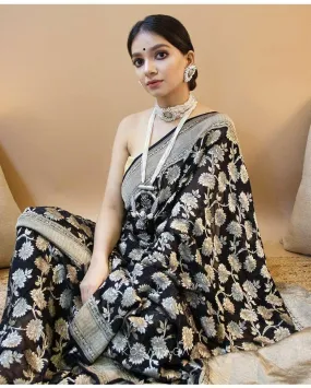 Flattering Black Soft Silk Saree With Whimsical Blouse Piece