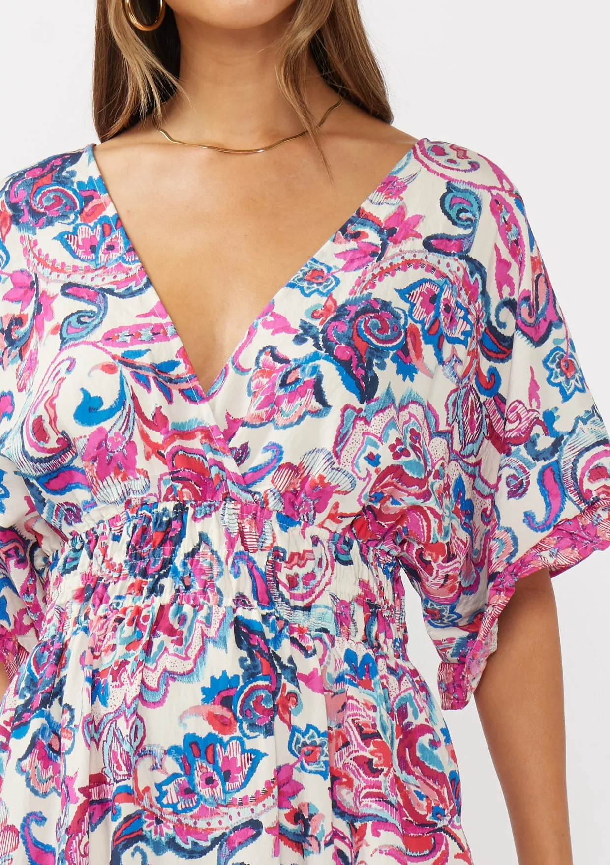 Floral Kimono Sleeve Smocked Waist Maxi Dress