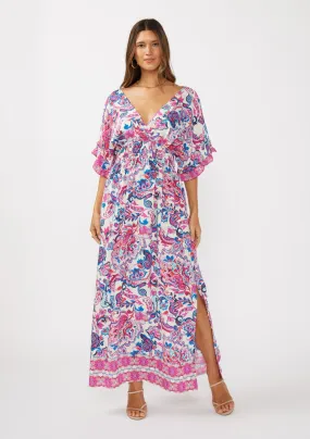 Floral Kimono Sleeve Smocked Waist Maxi Dress