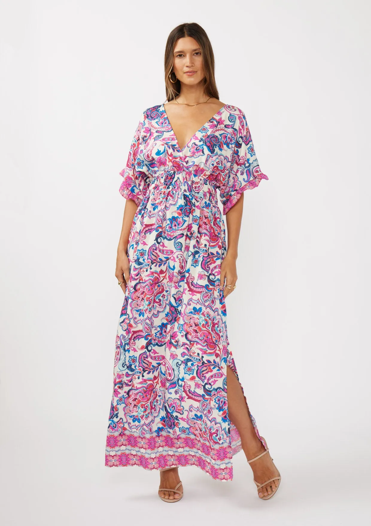 Floral Kimono Sleeve Smocked Waist Maxi Dress