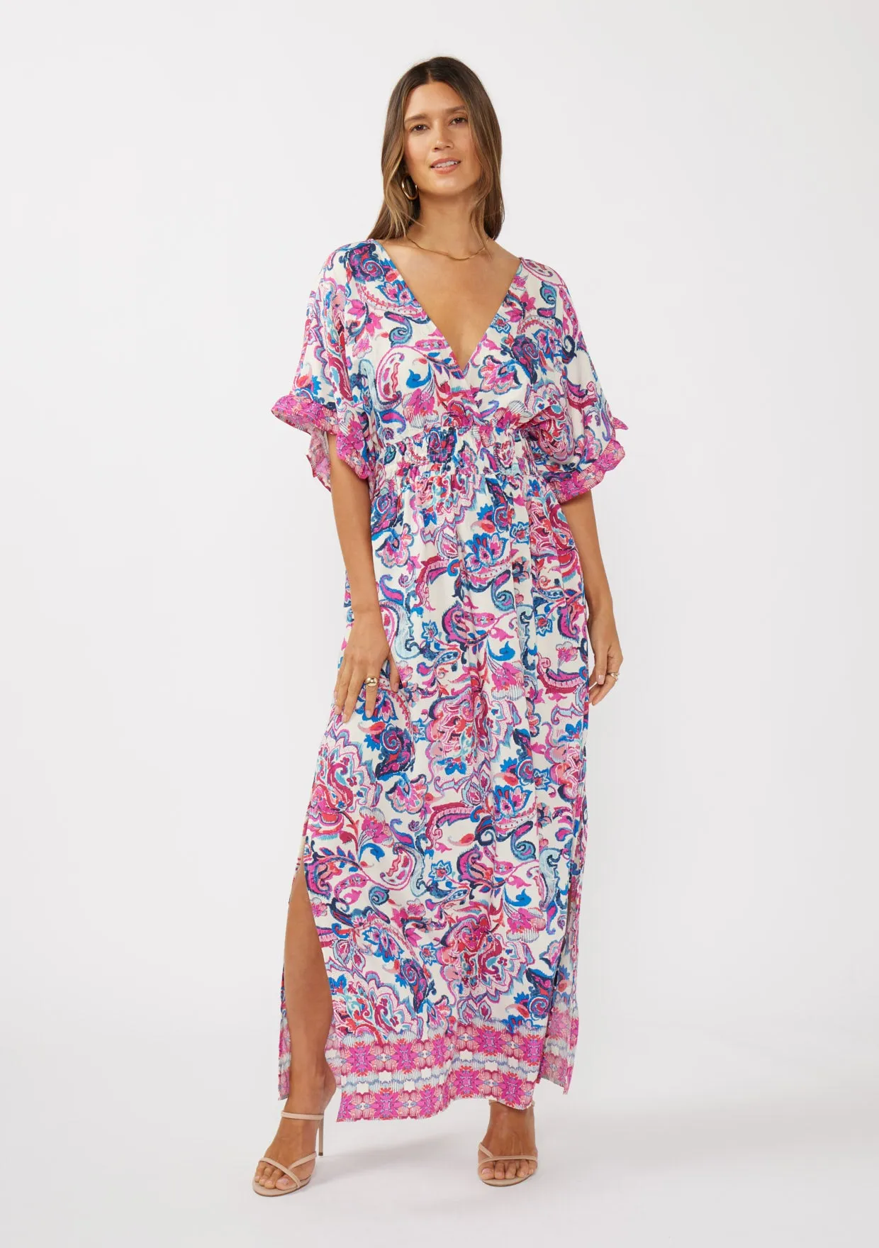 Floral Kimono Sleeve Smocked Waist Maxi Dress