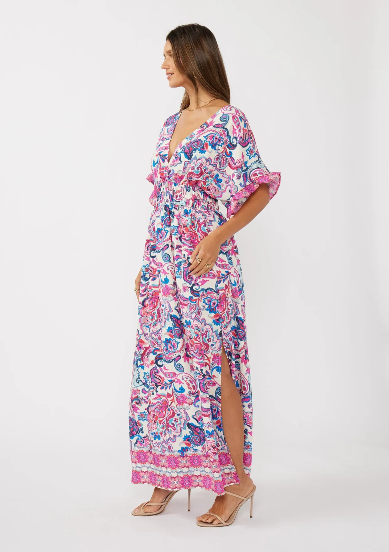 Floral Kimono Sleeve Smocked Waist Maxi Dress
