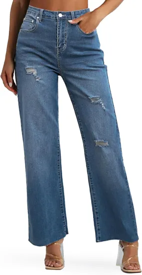 Genleck Women's Wide Leg Jeans - Casual High Waisted Stretchy Jeans Straight Leg Denim Pants with Pockets