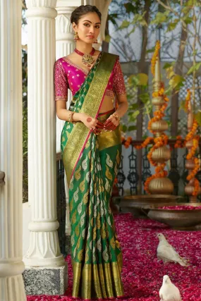 Gossamer Dark Green Soft Silk Saree With Traditional Blouse Piece
