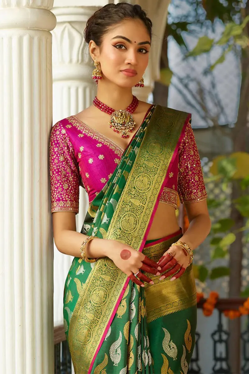 Gossamer Dark Green Soft Silk Saree With Traditional Blouse Piece