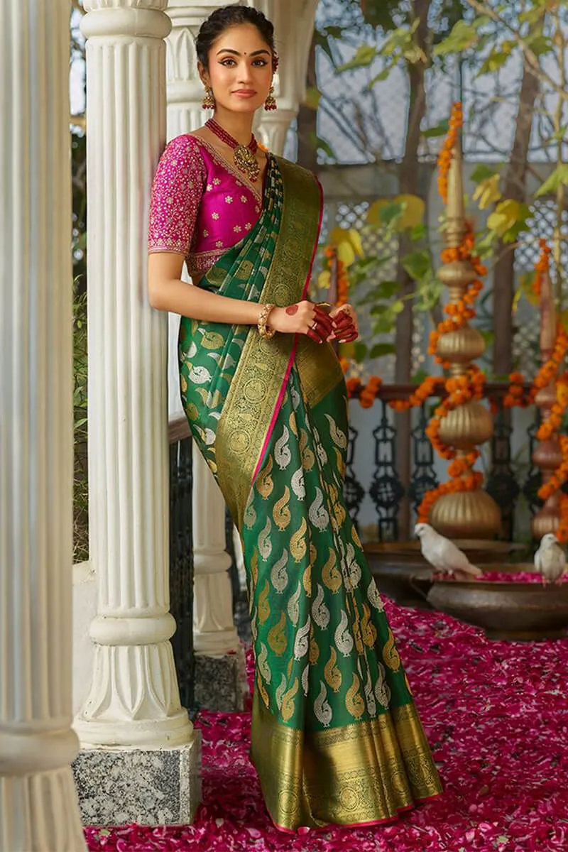 Gossamer Dark Green Soft Silk Saree With Traditional Blouse Piece