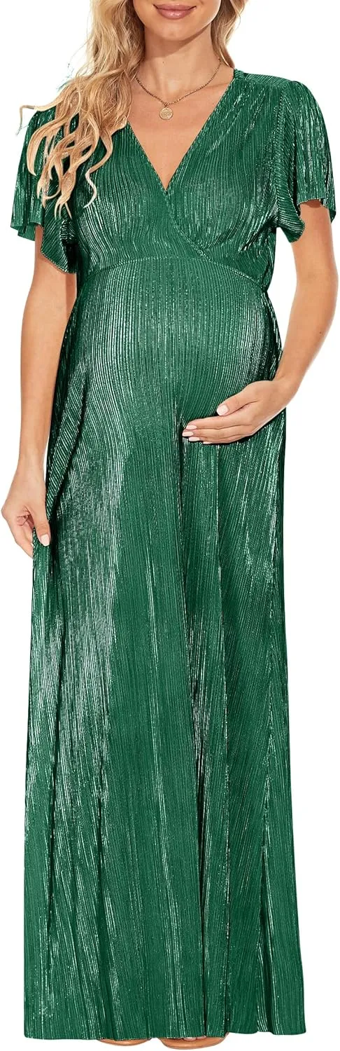 Greek Goddess V Neck Pleated Maternity Dress/Short Sleeve Sparkly Maxi Dress Photoshoot Baby Shower