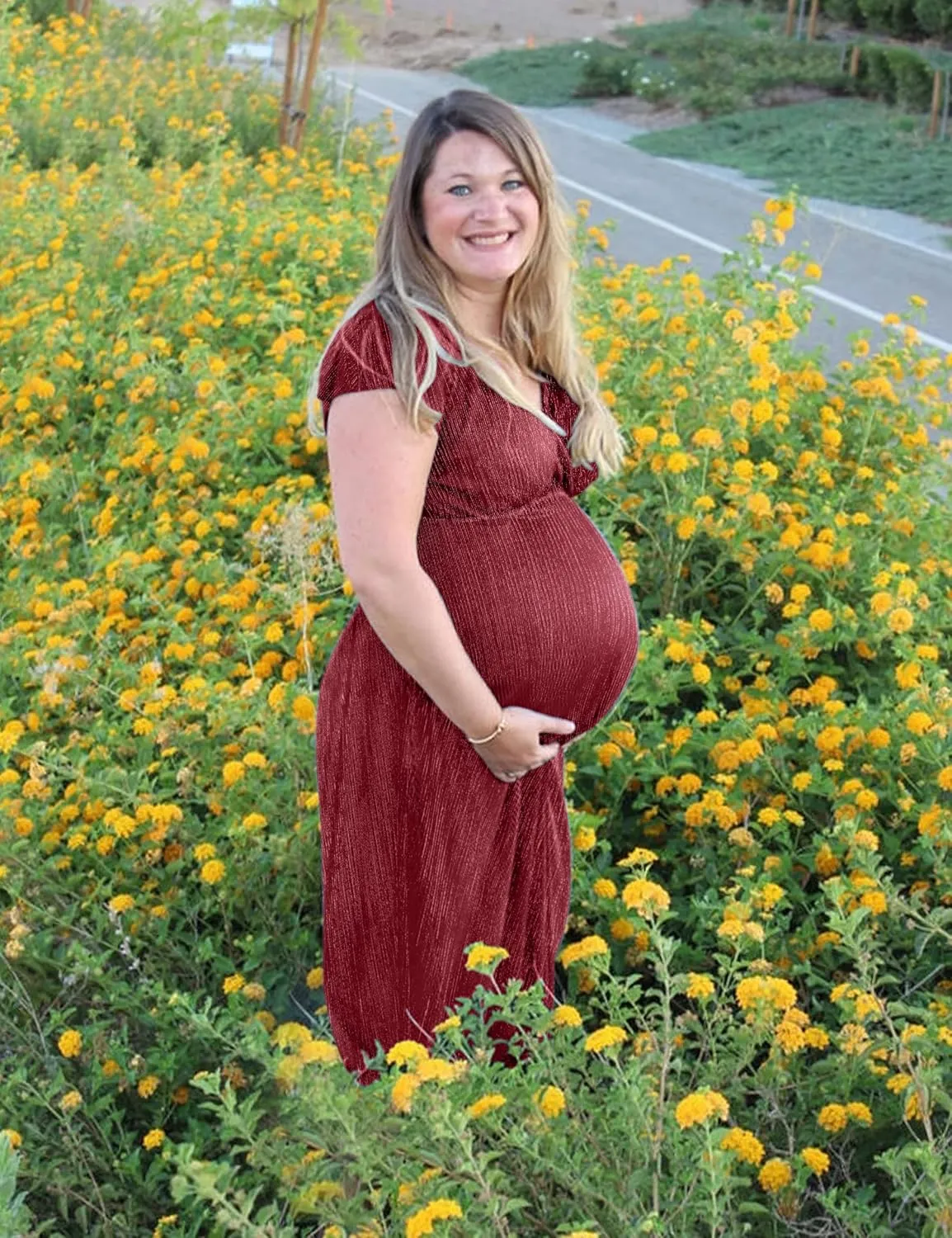 Greek Goddess V Neck Pleated Maternity Dress/Short Sleeve Sparkly Maxi Dress Photoshoot Baby Shower
