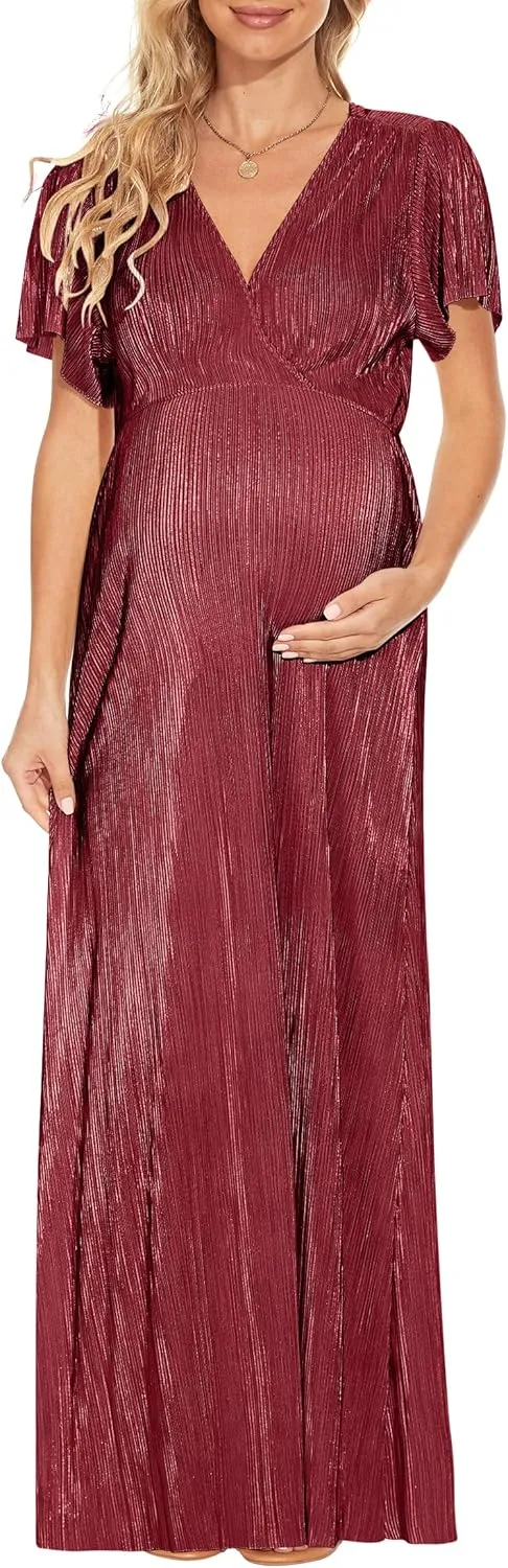 Greek Goddess V Neck Pleated Maternity Dress/Short Sleeve Sparkly Maxi Dress Photoshoot Baby Shower