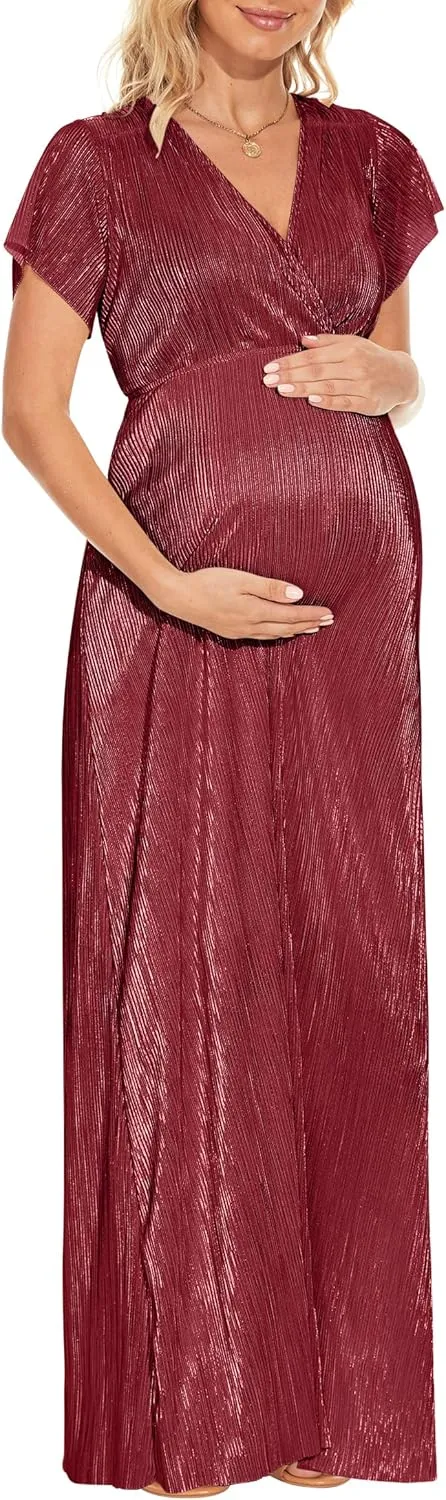Greek Goddess V Neck Pleated Maternity Dress/Short Sleeve Sparkly Maxi Dress Photoshoot Baby Shower