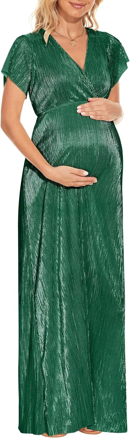 Greek Goddess V Neck Pleated Maternity Dress/Short Sleeve Sparkly Maxi Dress Photoshoot Baby Shower