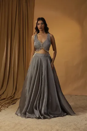 GREY ORGANZA LEHENGA SET