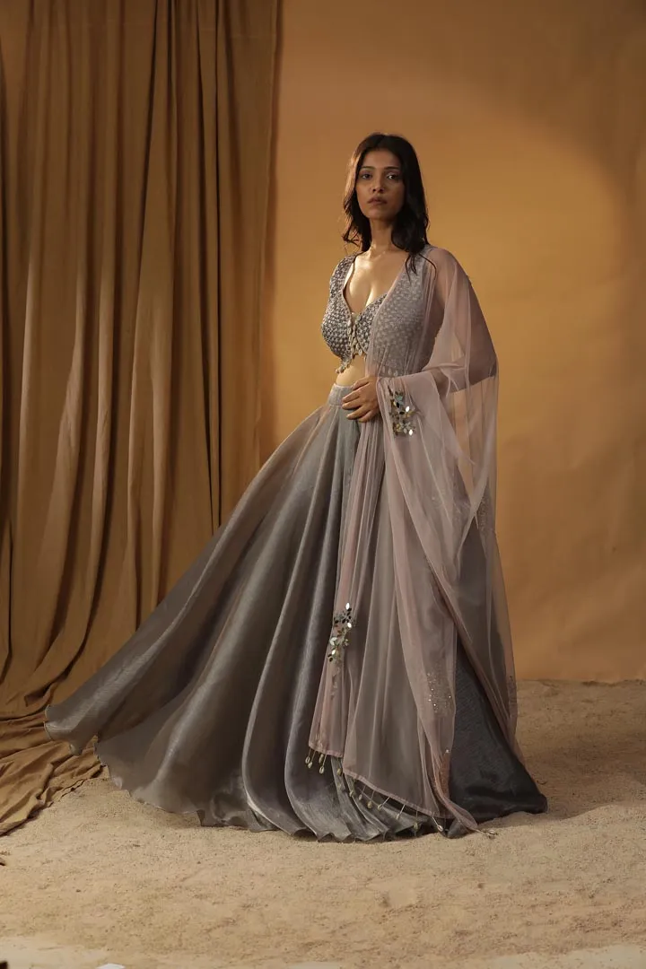 GREY ORGANZA LEHENGA SET