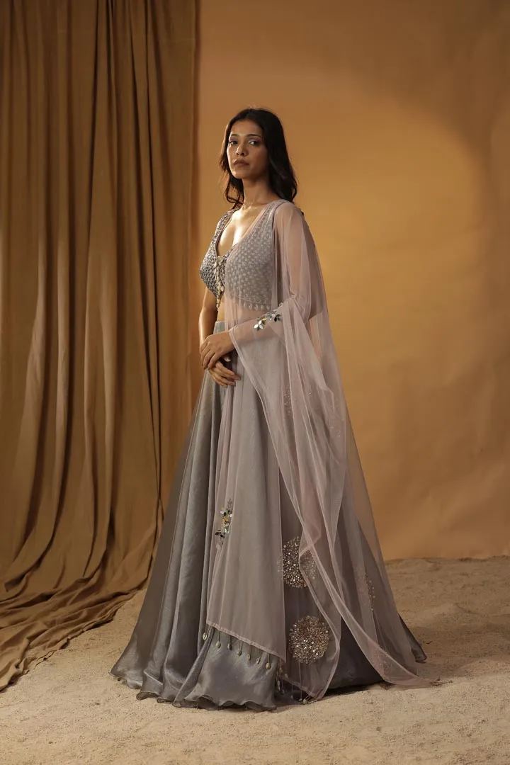 GREY ORGANZA LEHENGA SET