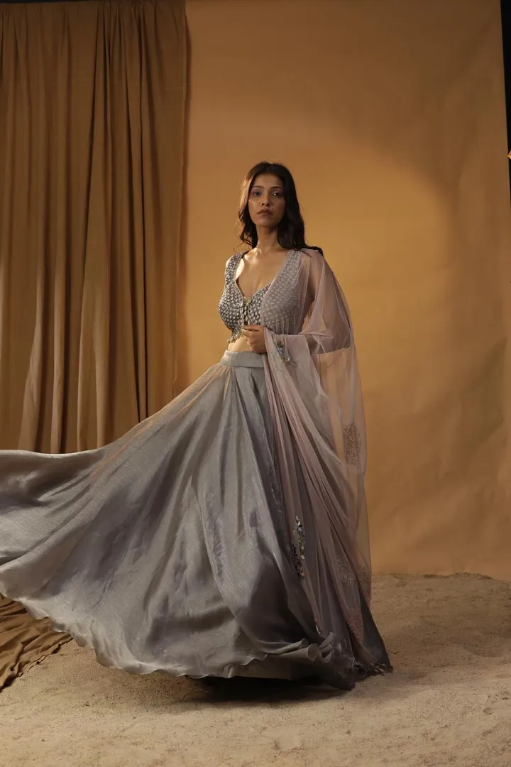 GREY ORGANZA LEHENGA SET