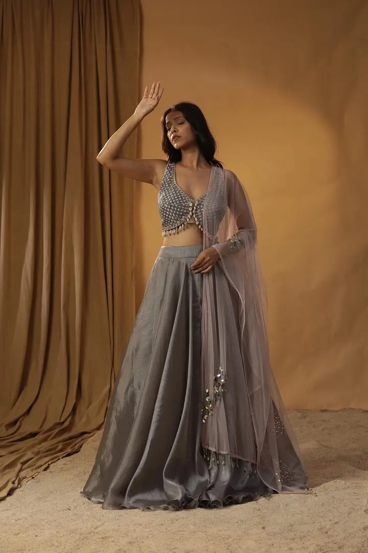 GREY ORGANZA LEHENGA SET