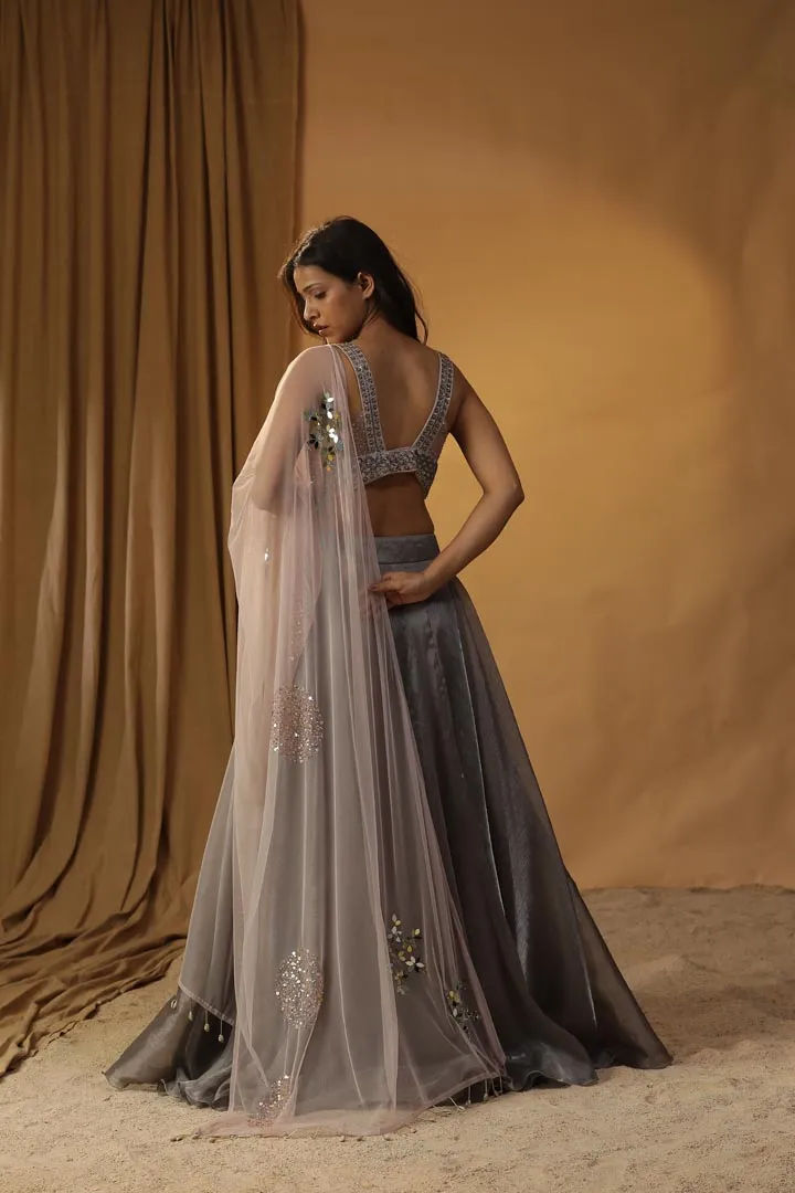 GREY ORGANZA LEHENGA SET