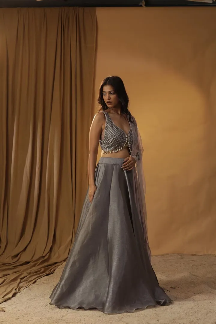 GREY ORGANZA LEHENGA SET