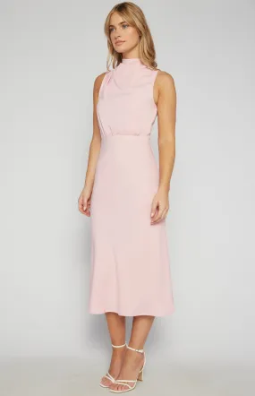 High Cowl Neck A Line Midi Dress - Pink