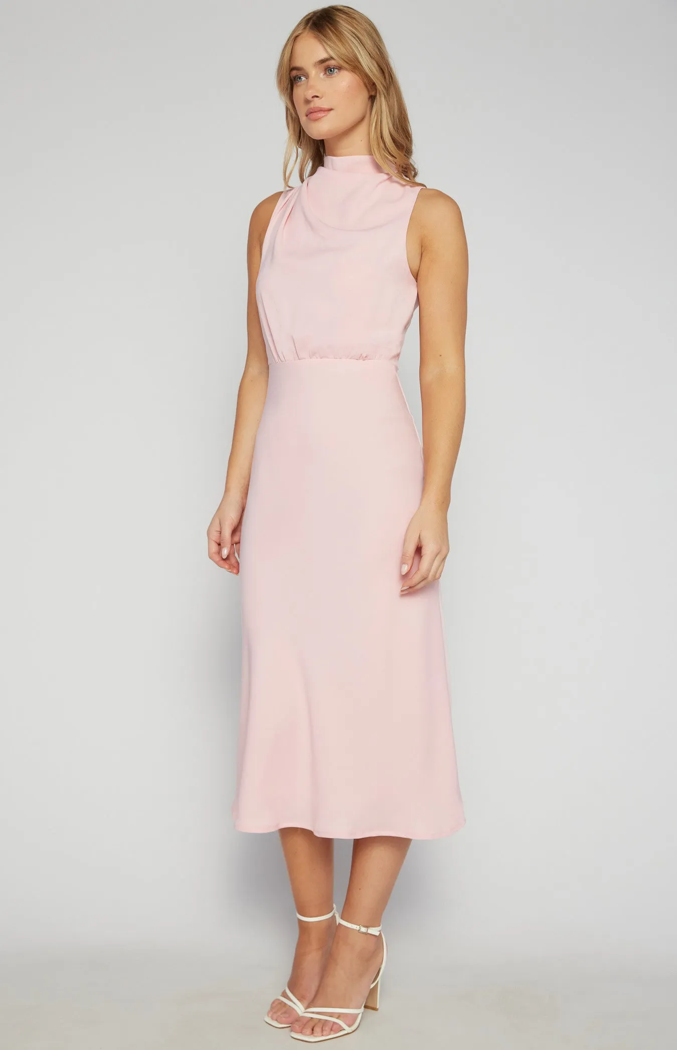 High Cowl Neck A Line Midi Dress - Pink