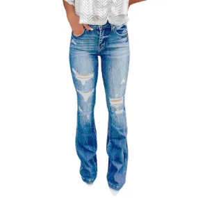 High Waist Ripped Breathable Flare Bell Bottom Jeans For Women