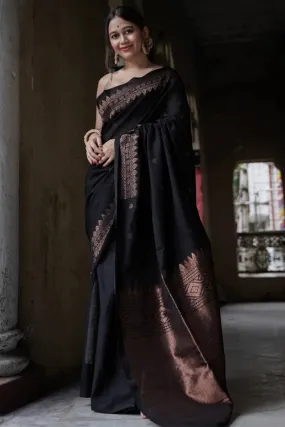Imbrication Black Soft Silk Saree With Devastating Blouse Piece