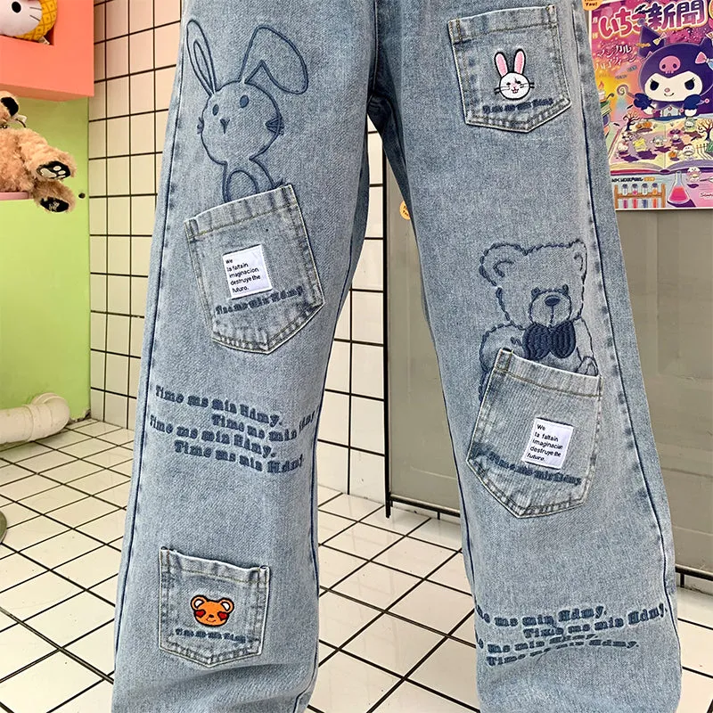 ins Style Niche Design Cartoon Bunny Jeans Pants