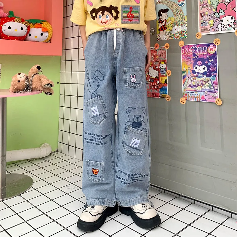 ins Style Niche Design Cartoon Bunny Jeans Pants