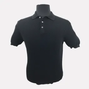Italian Made Pebble Weave Cotton Short Sleeve Polo / Black