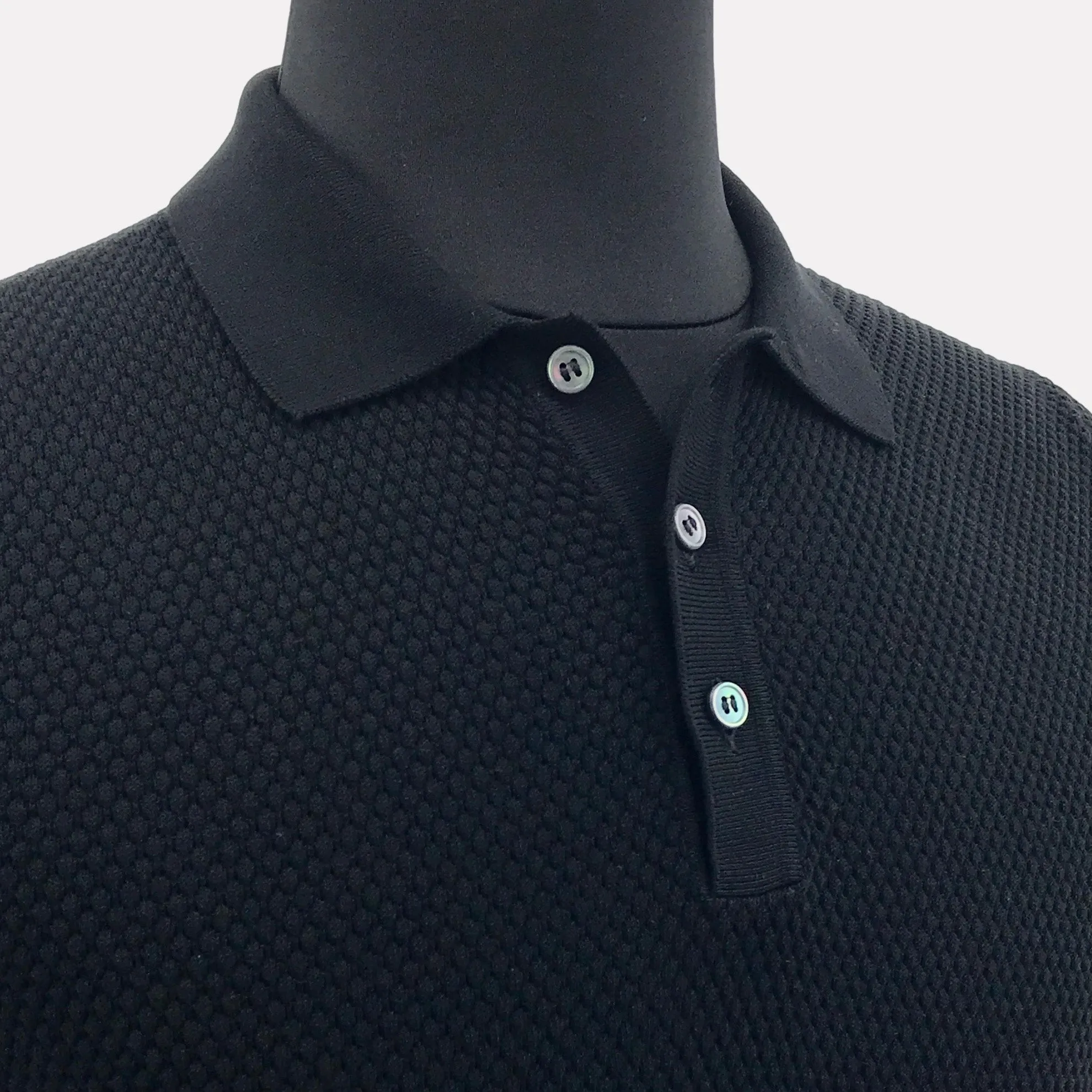Italian Made Pebble Weave Cotton Short Sleeve Polo / Black