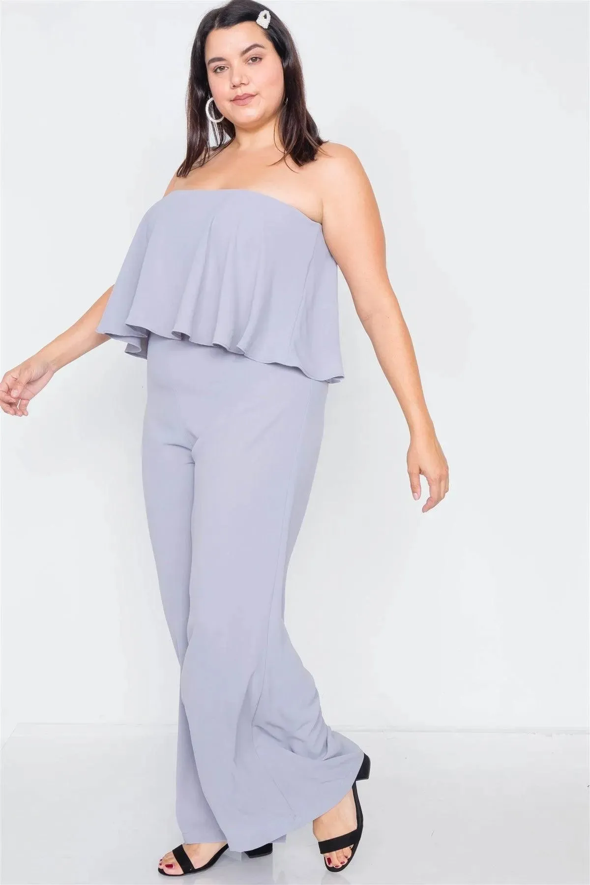 Junior Plus Size Pastel Dove Off-The-Shoulder Flounce Wide Leg Jumpsuit /3-2-1