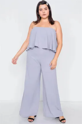 Junior Plus Size Pastel Dove Off-The-Shoulder Flounce Wide Leg Jumpsuit /3-2-1