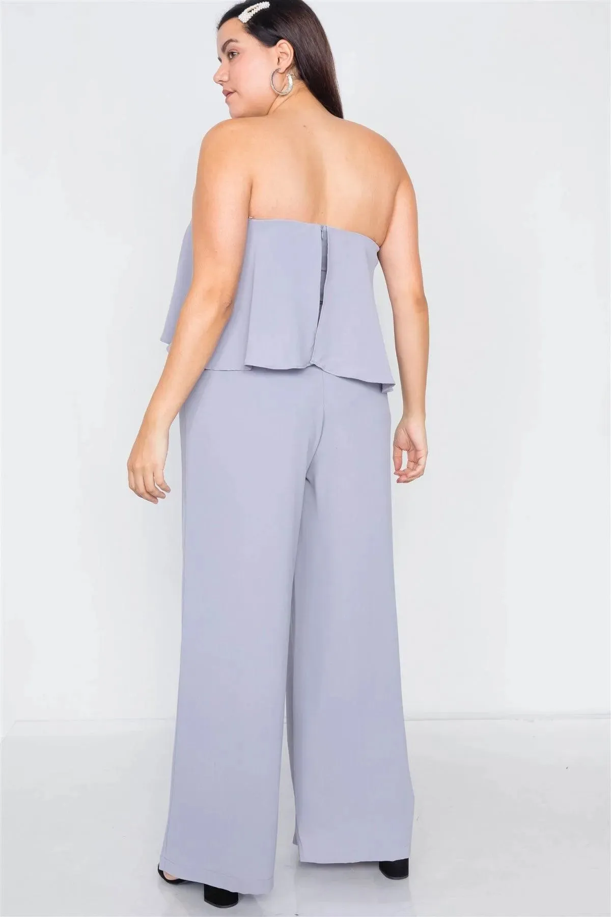 Junior Plus Size Pastel Dove Off-The-Shoulder Flounce Wide Leg Jumpsuit /3-2-1