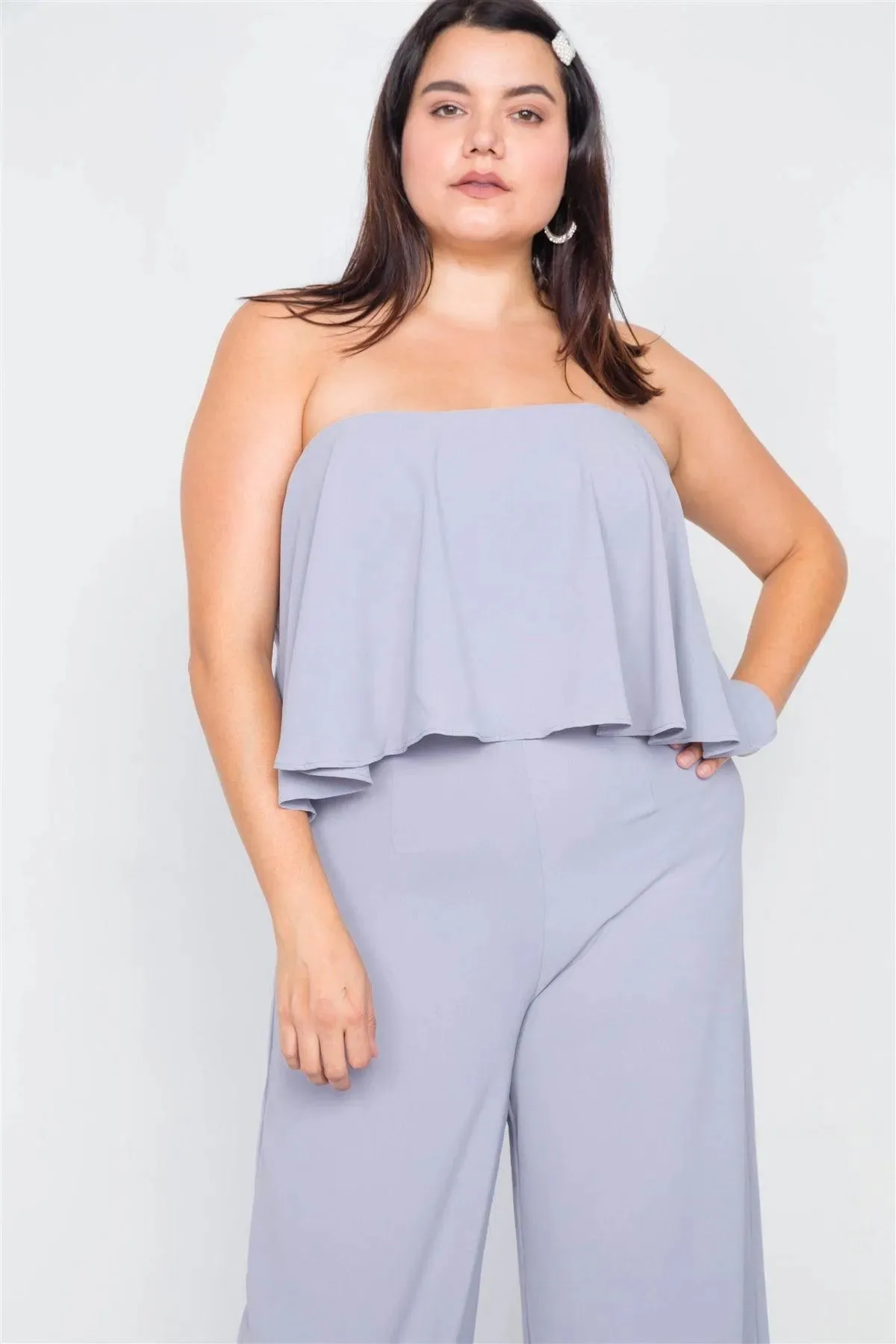 Junior Plus Size Pastel Dove Off-The-Shoulder Flounce Wide Leg Jumpsuit /3-2-1