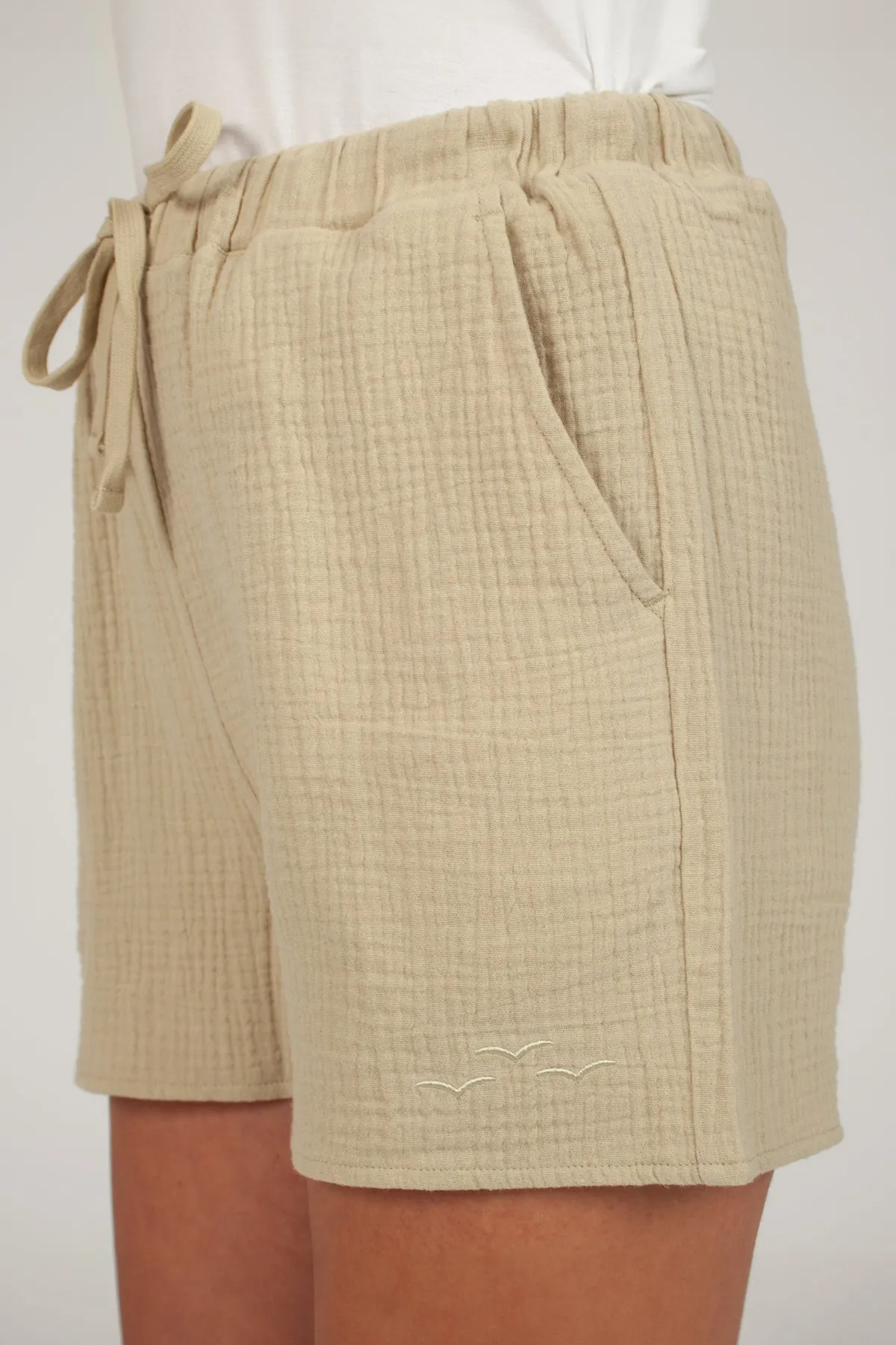 Lightweight Cotton Gauze shorts in pale olive grey