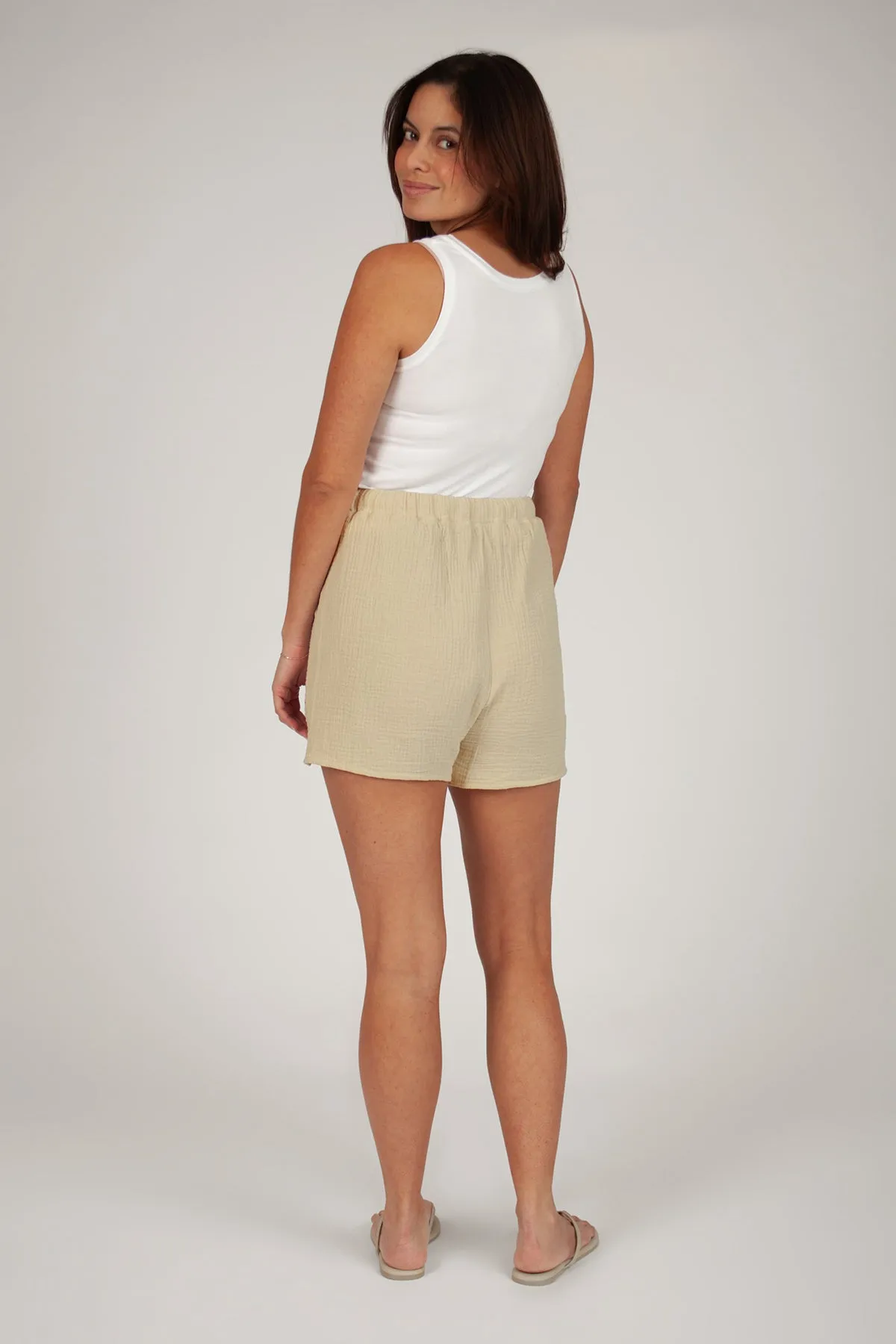 Lightweight Cotton Gauze shorts in pale olive grey