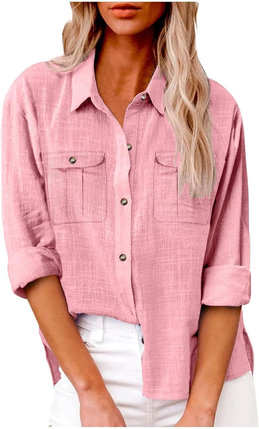 Linen Shirts for Women Summer Front Double Pockets Tops Tunic Linen Fabric Soft Breathable Blouses Fashion T Shirt