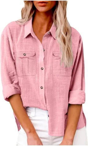 Linen Shirts for Women Summer Front Double Pockets Tops Tunic Linen Fabric Soft Breathable Blouses Fashion T Shirt