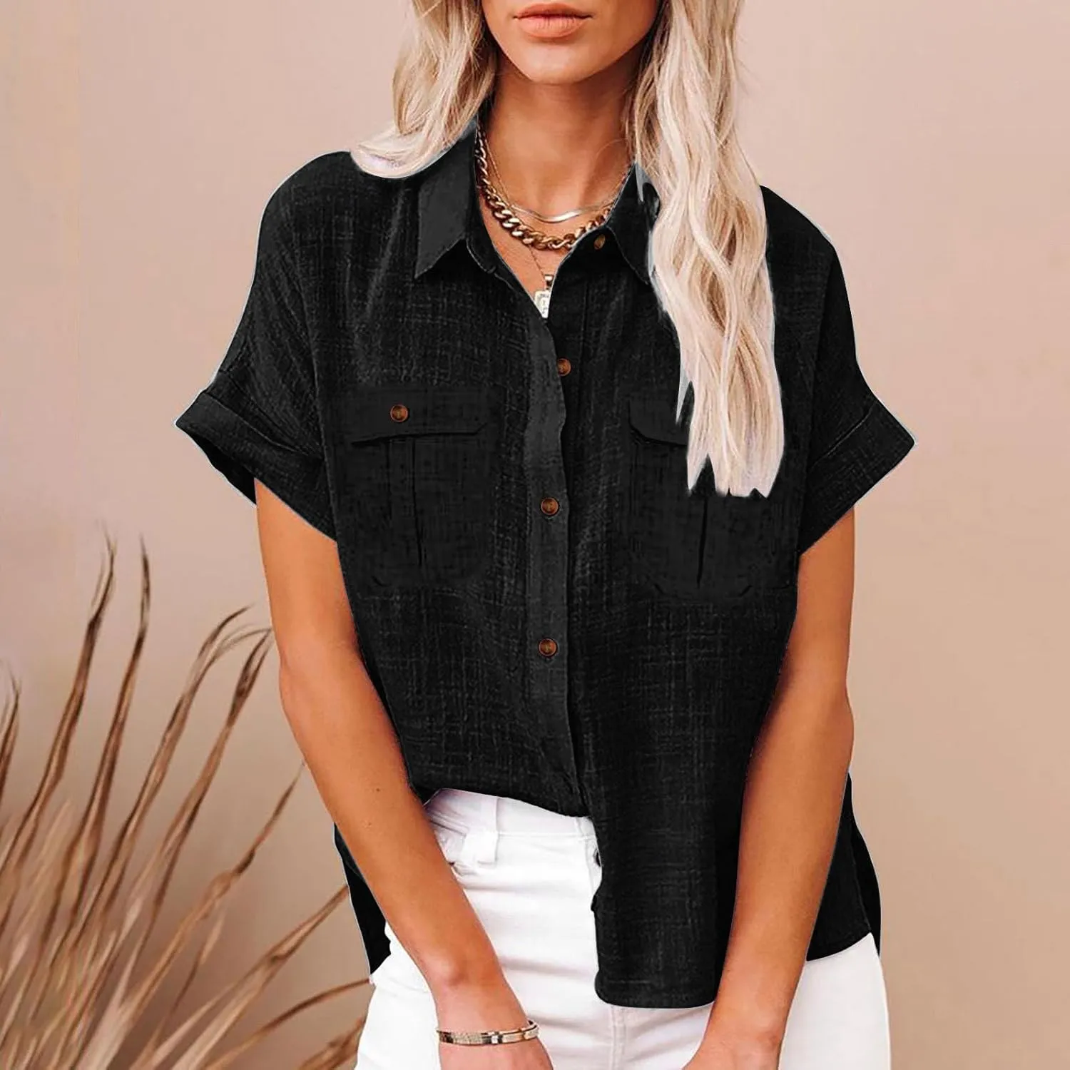 Linen Shirts for Women Summer Front Double Pockets Tops Tunic Linen Fabric Soft Breathable Blouses Fashion T Shirt