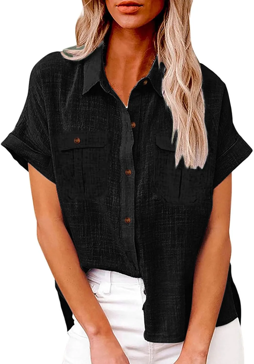 Linen Shirts for Women Summer Front Double Pockets Tops Tunic Linen Fabric Soft Breathable Blouses Fashion T Shirt