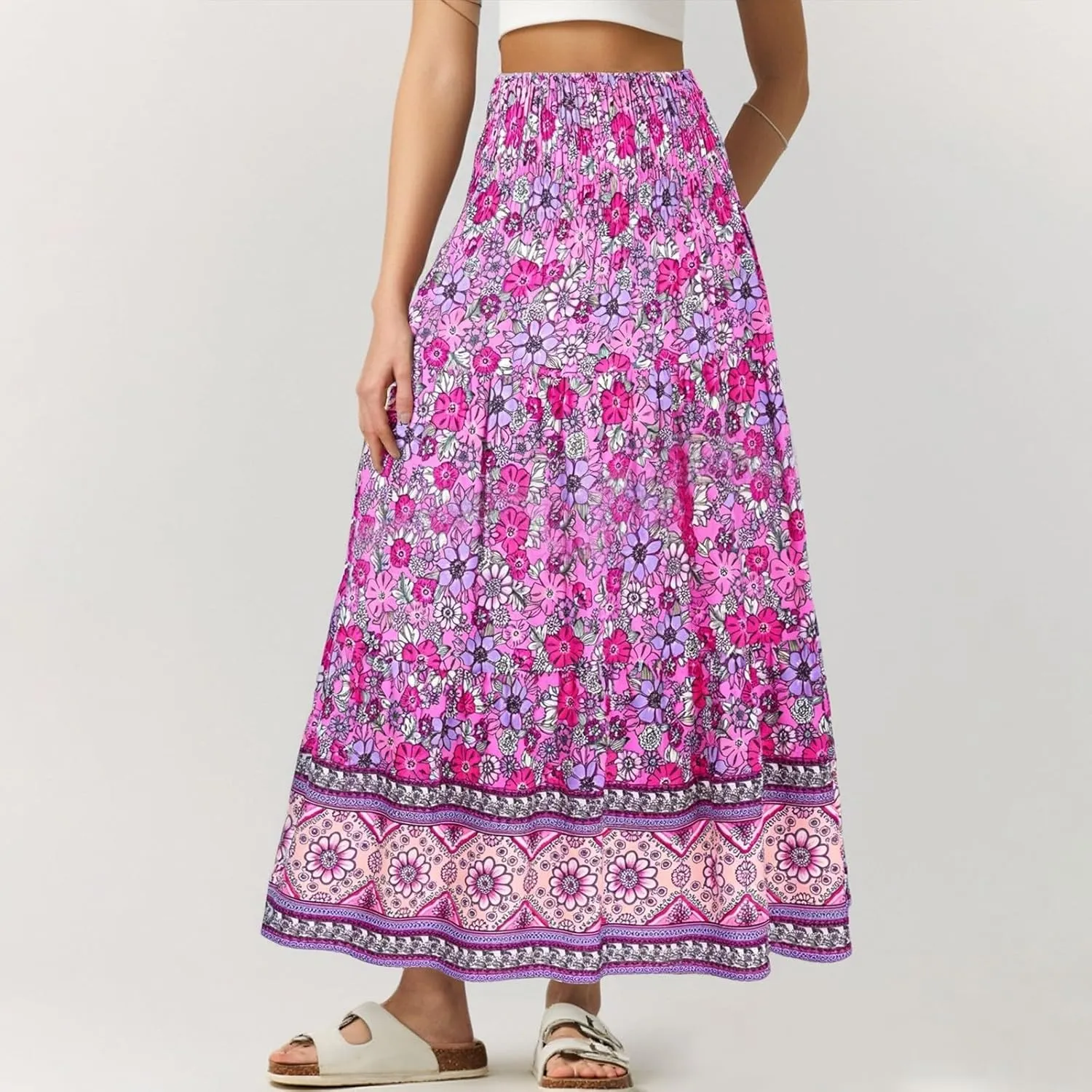 Maxi Boho Floral Skirts for Women 2025 Trendy Summer High Elastic Waist A Line Skorts Long Flowy Skirts
