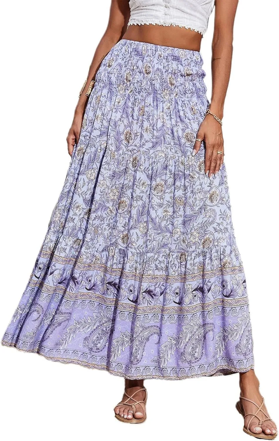 Maxi Boho Floral Skirts for Women 2025 Trendy Summer High Elastic Waist Long Flowy Skirts A Line Skorts