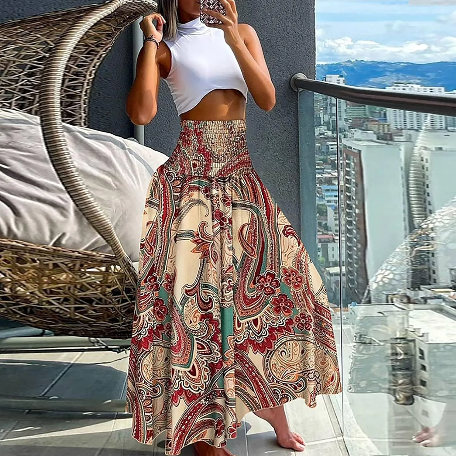 Maxi Skirts for Women 2025 Vintage Printed High Waist Flowy Hem Trendy Skirts Relaxed Beach Vacation Skirt