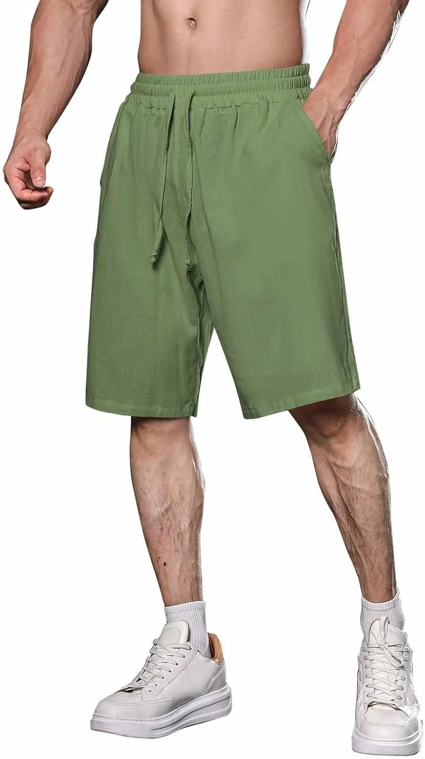 Mens Cotton Linen Shorts Knee Length Lightweight Breathable Elastic Waist Drawstring Casual Lounge Shorts